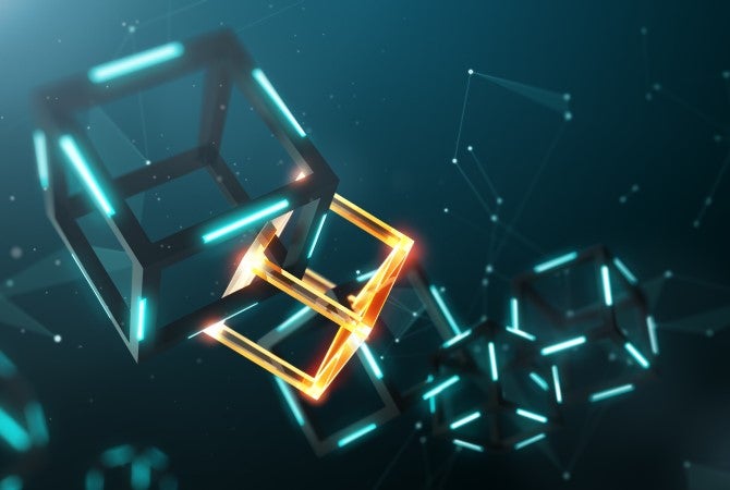 Image shows cubic frames connected to each other to form a chain/blockchain