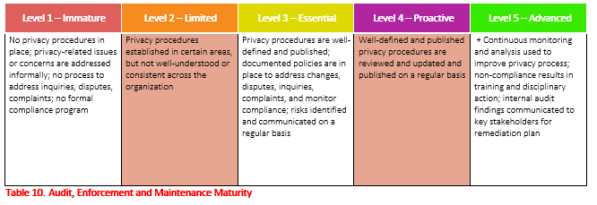 Table display of increasing levels of Audit, Enforcement and Maintenance Maturity and their descriptions