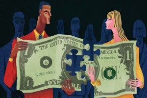 Illustration of a man and a woman holding a dollar with puzzle pieces