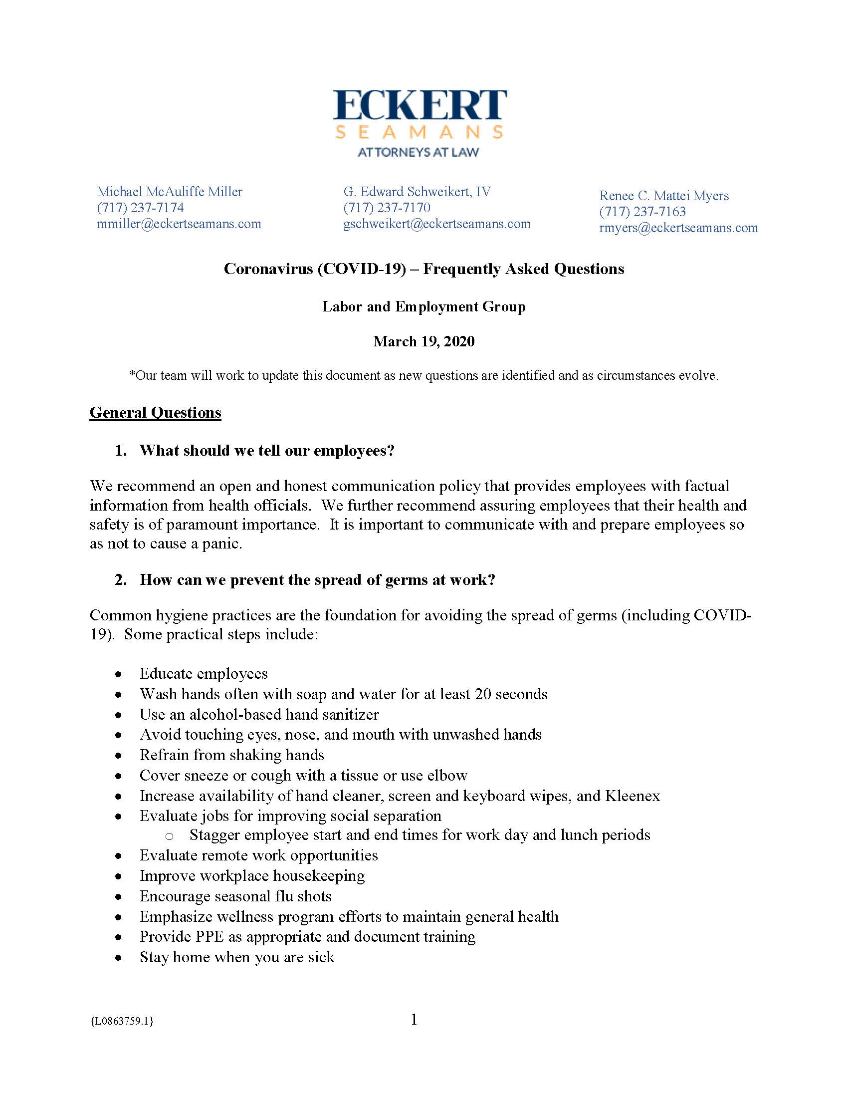 2020-03-19 CORONAVIRUS - FAQ  from Eckert Seamans L&E Group _Page_1