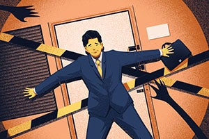 Man in blue suit blocking door with black and yellow tape over it as hands reach in