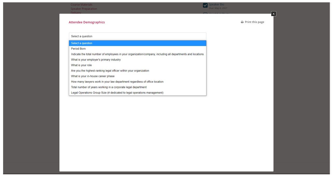 Speaker Service Center Attendee Demographics pop-up window with drop-down of questions to choose from