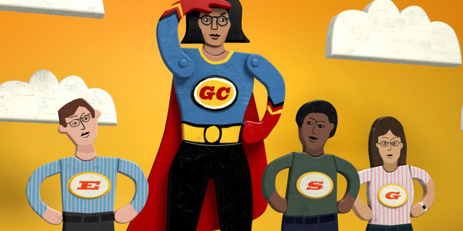 A large super-woman with GC on her chest stands larger that 3 normal people with the letters E, S, and G.