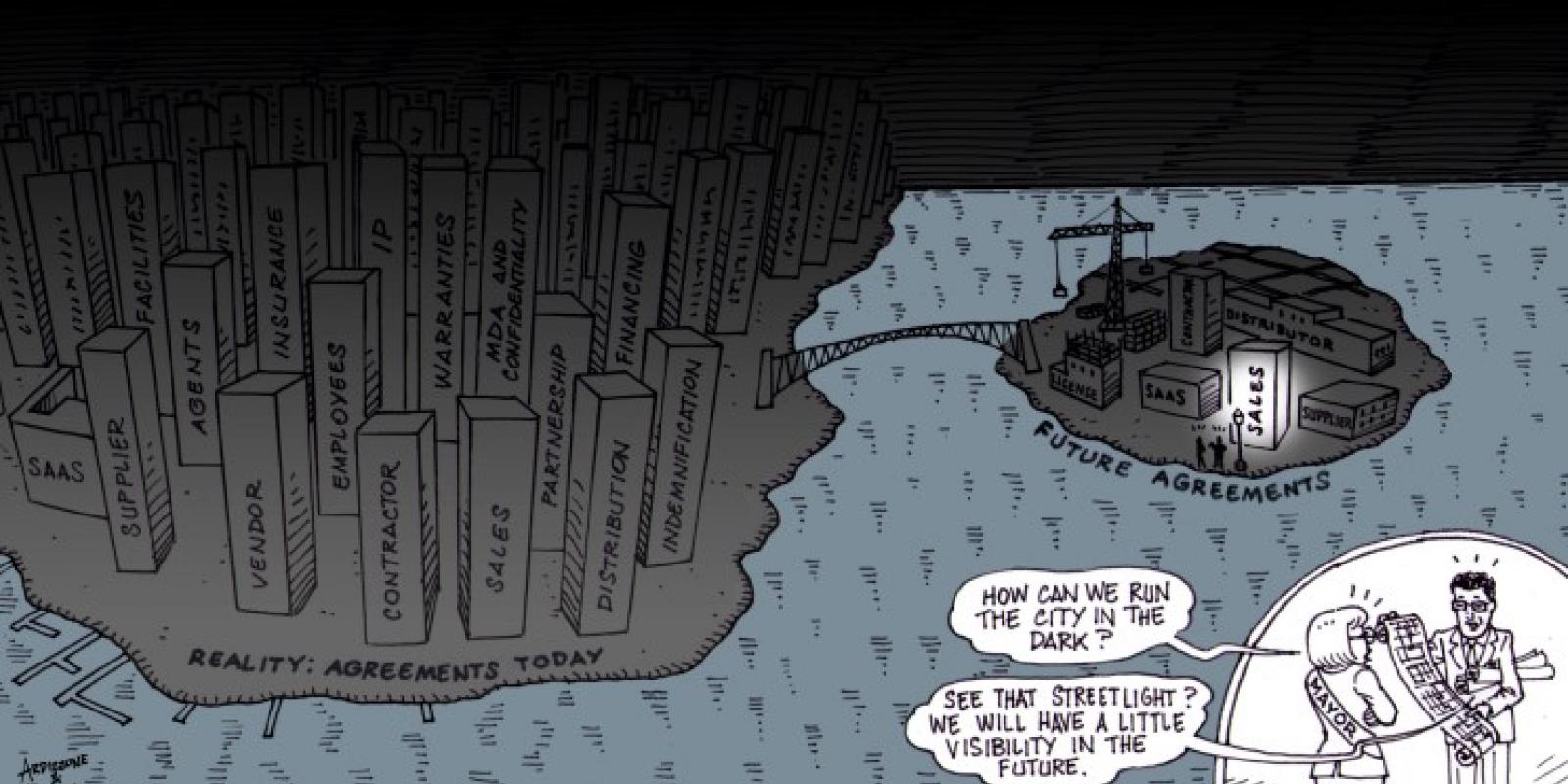 Cartoon of a city labelled "agreements today" with a bridge to an island labelled "future agreements" with the mayor and a city planner saying "how can we run the city in the dark?" "See that streetlight? We'll have a little visibility in the future."