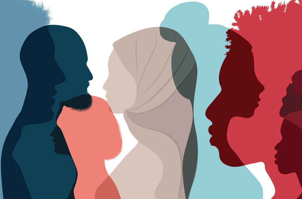 illustration of people of color, as colors in shades of red, blue and shadow