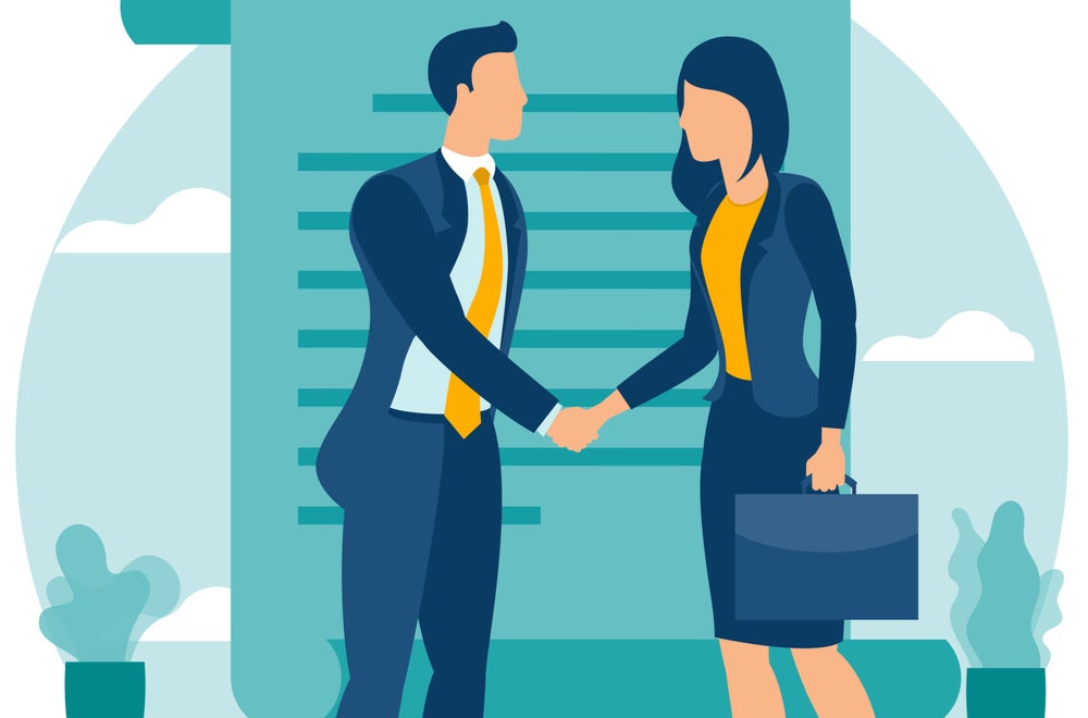 illustration of a businessman and businesswoman shaking hands in front of files
