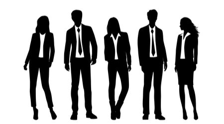 Vector silhouettes of men and a women, a group of standing business people