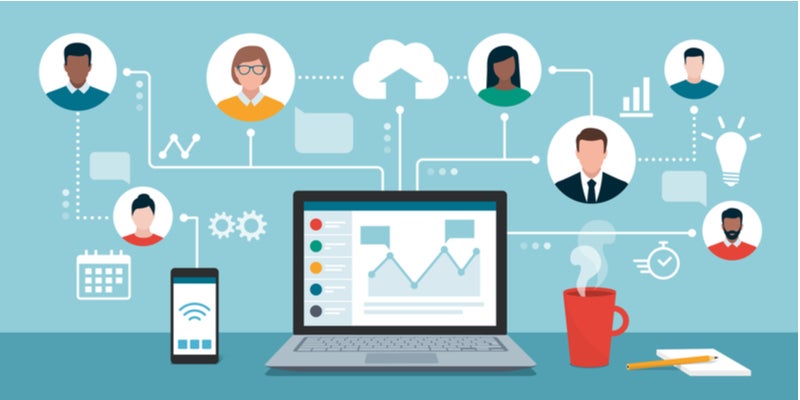 computer with icons of people and items coming out