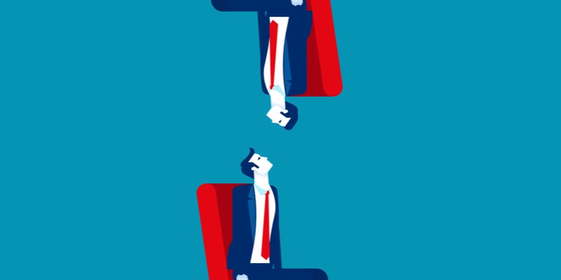 a man looking at himself mirror imaged and hanging upside down above him