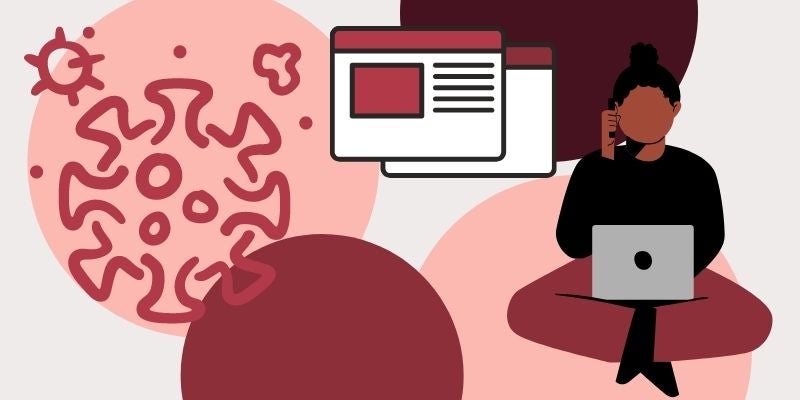 A woman working at a laptop with a virus illustration beside her