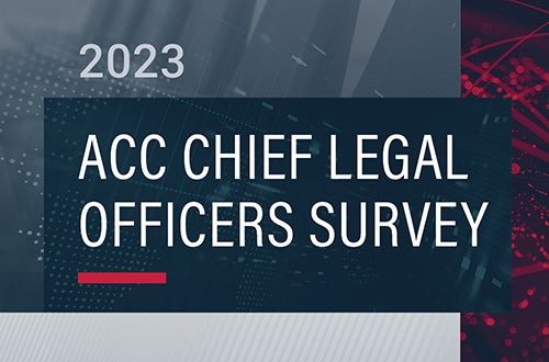 Text reading 2023 ACC Chief Legal Officers Survey on dark grey background with light grey bottom ribbon and purple right ribbon