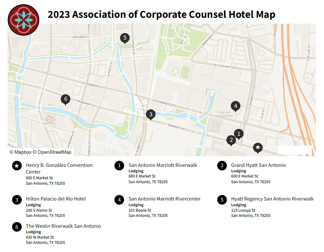2023 Association of Corporate Counsel Hotel Map, Henry B Gonzalez Convention Center, San Antonio Marriott Riverwalk, Grand Hyatt San Antonio, Hilton Palacio del Rio Hotel, San Antonio Marriott Rivercenter, Hyatt Regency San Antonio Riverwalk, The Westin Riverwalk San Antonio
