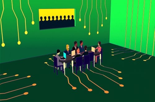 Stylized picture of professionals sitting around table in large green room with printed circuits pattern