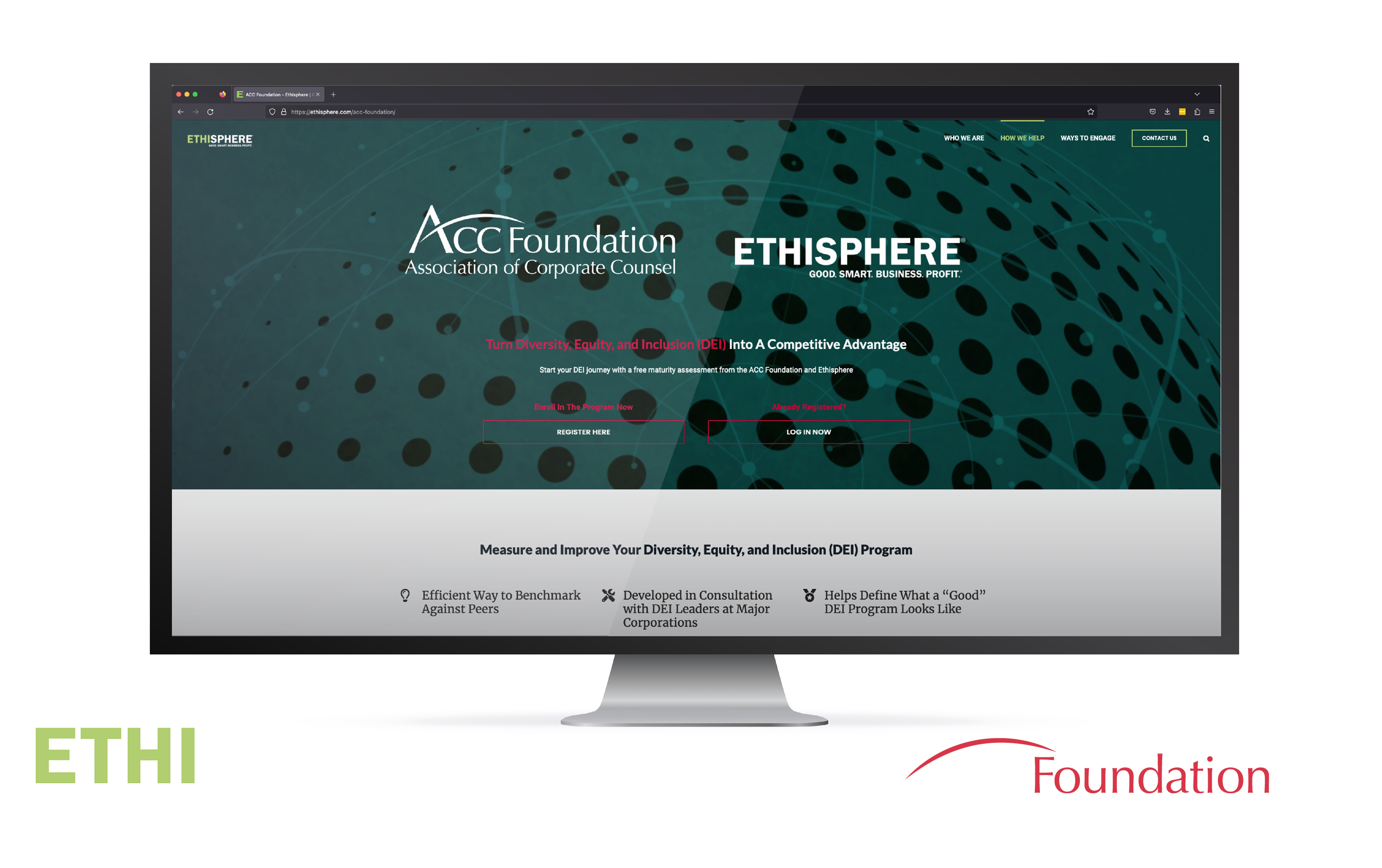 Monitor showing website with Ethisphere and ACC Foundation logos