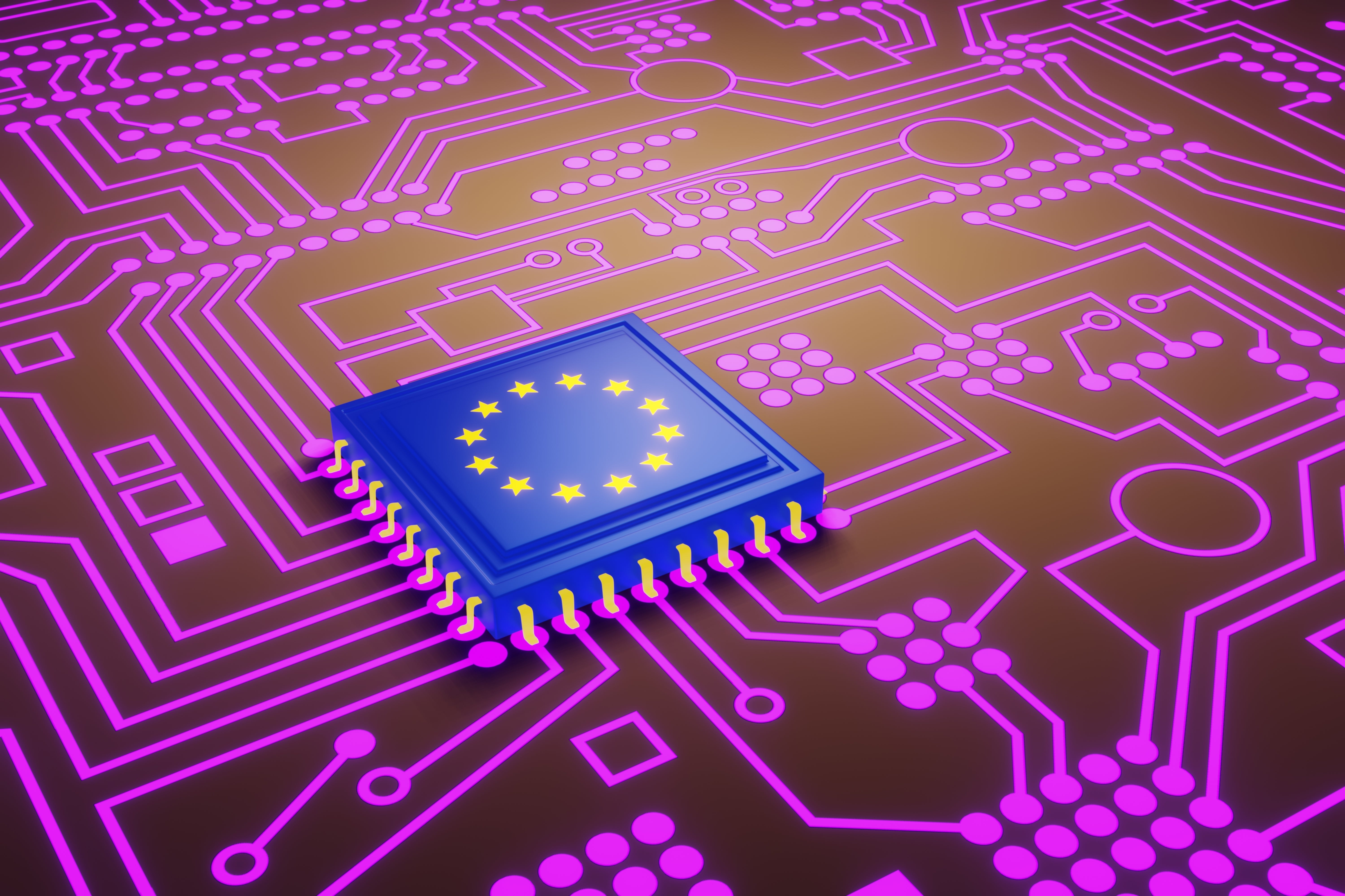 Purple circuit board with blue chip showing European flag comprising circle of yellow stars