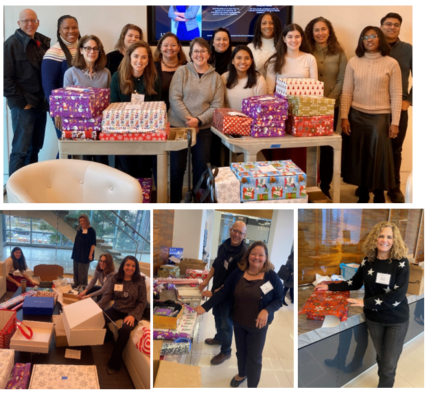 People wrapping presents and posing with gifts